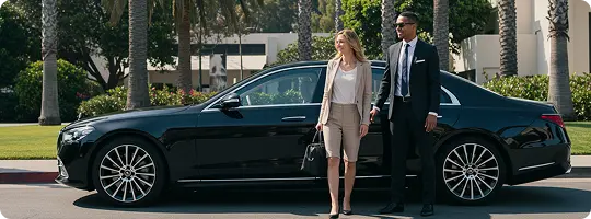 Professional chauffeur and businesswoman standing beside a sleek black luxury sedan on a sunny palm-lined street.