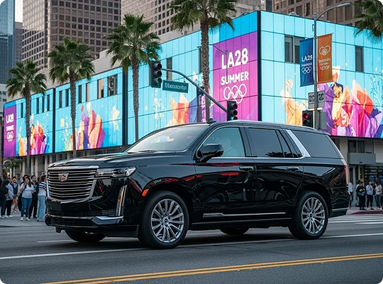 A sleek black Cadillac Escalade drives through a bustling city street lined with palm trees and vibrant LA28 Summer Olympics billboards.