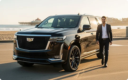 A male chauffeur in a suit next to a black Cadillac Escalade SUV at a roadside view of beach in sunny afternoon.