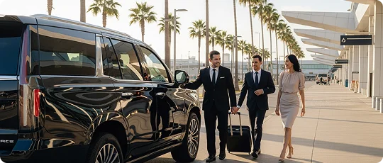 A suited chauffeur walks alongside a couple with luggage toward a black Cadillac Escalade SUV. The background shows an airport terminal and palm trees under a sunny sky.