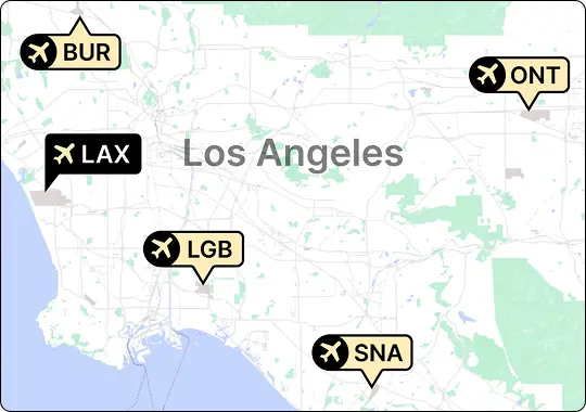 A map of Los Angeles and surrounding areas, showing the locations of five major airports. Los Angeles International Airport (LAX) is highlighted in black, with Burbank (BUR), Long Beach (LGB), Ontario (ONT), and John Wayne Airport (SNA) also marked.