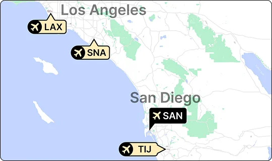A map of Southern California showing major airports. The locations of Los Angeles International Airport (LAX) and John Wayne Airport (SNA) are shown near Los Angeles, and San Diego International Airport (SAN) and Tijuana International Airport (TIJ) are shown near San Diego.