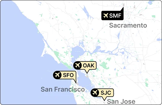 A map showing the location of four major airports in Northern California relative to their cities and the San Francisco Bay Area. SMF (Sacramento International Airport) is labeled to the north, OAK (Oakland International Airport) is on the east side of the San Francisco Bay, SFO (San Francisco International Airport) is on the west side of the Bay, and SJC (San Jose International Airport) is labeled to the south.