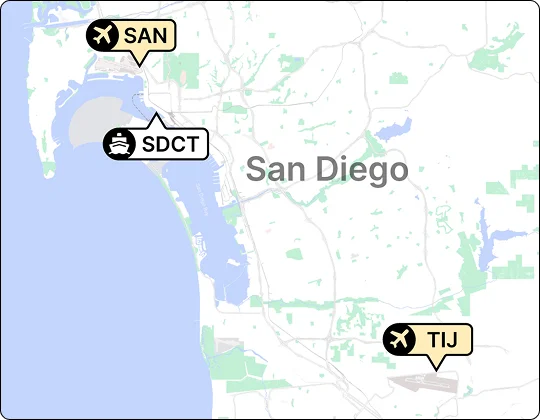 Map of San Diego area showing three pickup/dropoff points: SAN Airport, SDCT Cruise Terminal, and TIJ Airport in Tijuana