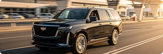 A chauffeur and a customer both wearing sunglasses in a black Cadillac Escalade in motion in daylight on a road in front of an airport terminal while everything in background is in motion blur.