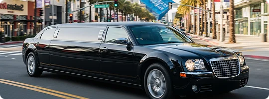 Black Chrysler 300 stretch limousine driving on a sunny, palm tree-lined city street.