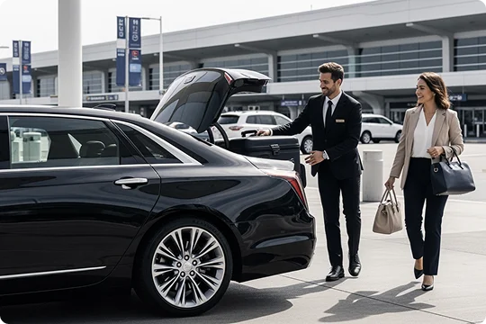 A well-dressed chauffeur in a black suit smiles as he loads a black suitcase into the open trunk of a sleek black sedan (appears to be a Cadillac) parked outside an airport or large commercial building. A professional-looking female passenger, dressed in a light blazer and dark pants, walks beside him, carrying a handbag. Both individuals are looking at each other and smiling. The background shows the exterior of a building with overhead signage.