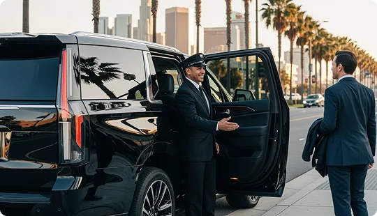 A chauffeur in a suit holds open the door of a black Cadillac Escalade on a city street lined with palm trees and a skyline in the background, welcoming a passenger in a suit.