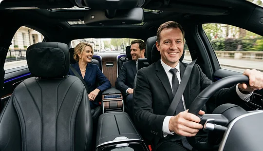 Interior view of a luxury vehicle showing a professional chauffeur in a suit driving and smiling. Two business passengers in suits are conversing happily in the spacious back seat during a ride.