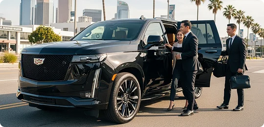 A chauffeur in suit stand by a black Cadillac Escalade SUV, helping a female and a male passenger get out of the car.