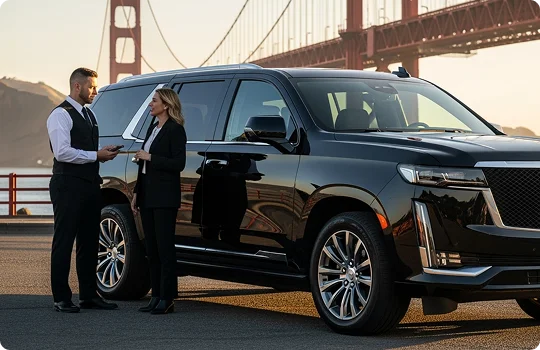 A chauffeur speaks with a businesswoman standing next to a large black Cadillac Escalade, with the Golden Gate Bridge visible in the background.