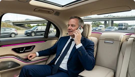 A businessman in a suit talking on a phone while sitting comfortably in the back seat of a luxury vehicle. The interior features beige leather, ambient lighting, and views of highway traffic through the rear windows.
