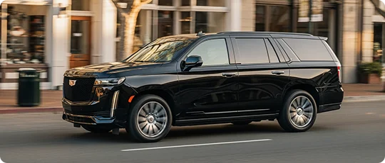 A side view of a fast-moving black Cadillac Escalade with blur motion visible in background showing shops and trees, and a trash can in blurry view.