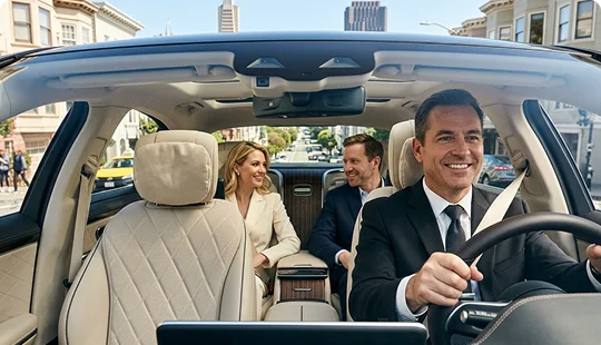 Interior view of a luxury car with a smiling chauffeur in a suit driving through city streets. Two passengers sit in the rear, talking and smiling as they ride along a residential urban neighborhood.