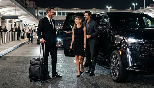 A smiling chauffeur in a suit handles a rolling black suitcase beside an open door of a luxury SUV. An elegantly dressed couple exits the vehicle at a busy airport terminal pickup area at night.