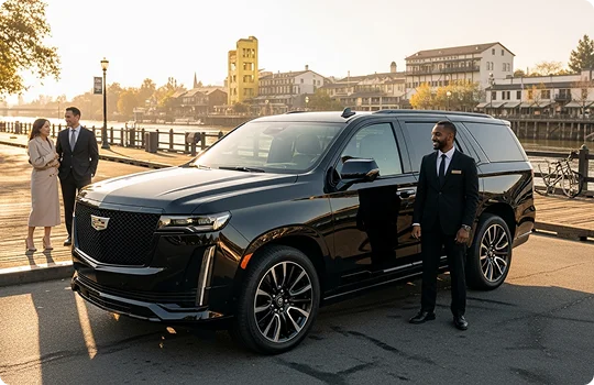 A chauffeur in a dark suit stands next to a shiny black Cadillac Escalade SUV, looking toward a couple standing behind the vehicle on a sunny waterfront promenade. Buildings line the harbor in the background.