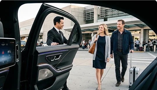 A smiling chauffeur in a suit holds open the door of a luxury sedan to greet arriving passengers. The interior perspective frames a man rolling a suitcase alongside a woman walking toward the vehicle outside an airport terminal.