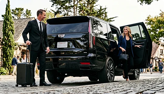 A smiling chauffeur in a suit manages a black suitcase beside a luxury SUV with an open door. A businesswoman steps out of the vehicle onto a cobblestone street in a charming neighborhood setting.