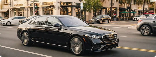 A black Mercedes-Benz sedan drives down a busy city street lined with shops and palm trees at sunset.