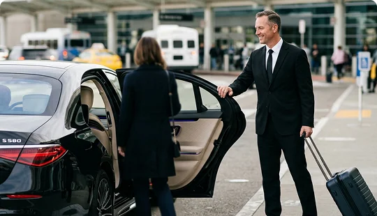 A smiling chauffeur holding a black suitcase opens the door of a luxury black sedan for a woman outside an airport terminal. The passenger prepares to step into the open rear door of the car parked at the airport curbside drop-off area.