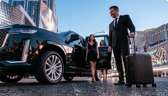 A smiling chauffeur in a suit handles a rolling black suitcase beside a luxury SUV with an open door. Two women dressed in evening wear exit the vehicle along a bustling city street surrounded by modern high-rise buildings.