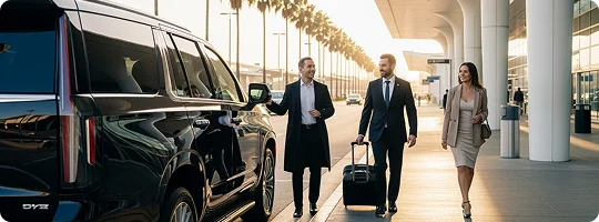A graceful couple walks on the sideways where a Black Cadillac Escalade SUV is parked right besides them with rear view an a chauffeur shows them towards it while the airport terminal is visible in the background.