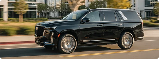 A black Cadillac Escalade in fast motion on a city roadway with buildings and trees visible in bright sunlight in blur background.