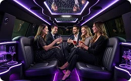 Three female and 2 male friends enjoying their party nights inside a stretch limo that is purple lighted.