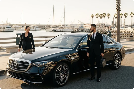 A male and a female chauffeur in suits stand by a black sedan near a marina with boats and palm trees.