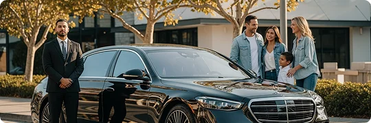 A chauffeur in a dark suit stands next to a black Mercedes-Benz S-Class sedan while a smiling family (two adults and a child) stand on the other side of the car. The scene is outdoors on a sunny day in front of a modern building and trees.