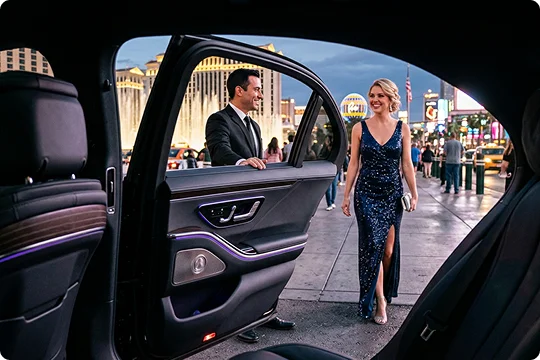 A smiling chauffeur in a suit holds open the door of a luxury sedan for a woman in a sparkling navy evening gown. The shot is taken from inside the car, looking out toward a lively city strip with fountains illuminated at dusk.