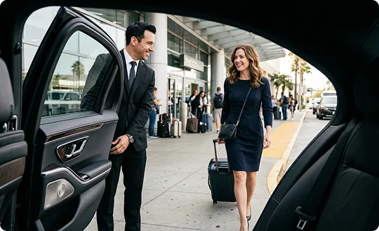 A smiling chauffeur in a suit holds open the door of a luxury car to greet an arriving passenger. The interior perspective frames a smiling woman in a navy dress pulling a rolling suitcase outside an airport terminal entrance.