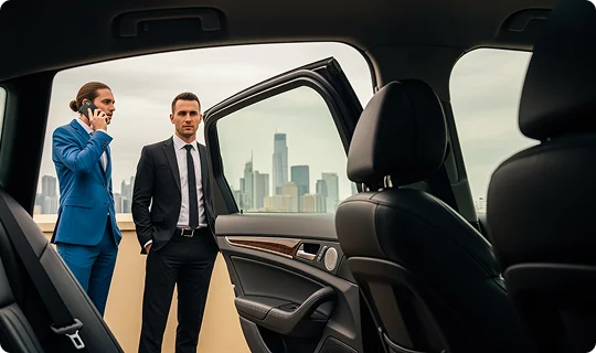A view from the interior of a car's back seat, looking out the open rear door at two business professionals standing on a rooftop or balcony with a city skyline in the background. The man closest to the car, possibly a driver or assistant, wears a black suit and white shirt with a tie, looking directly at the camera. The second man, wearing a bright blue suit with his hair tied back, is standing to the left and talking on a mobile phone. The city skyline is visible behind them under a bright, overcast sky.