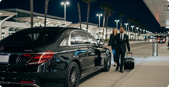 A shiny black Mercedes-Benz parked on an LAX Airport terminal at night where a suited chauffeur escorts an elegant lady towards the car holding her luggage.
