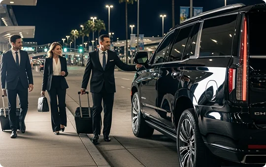 Two chauffeurs in suits walk with a couple toward a black Cadillac Escalade SUV at an airport terminal at night.