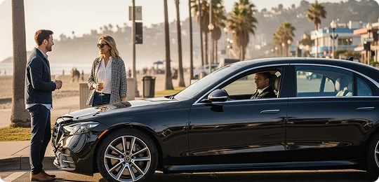 A chauffeur is seen in the driver's seat of a black luxury sedan parked on a street next to a beach, with a couple chatting and holding drinks outside the car.