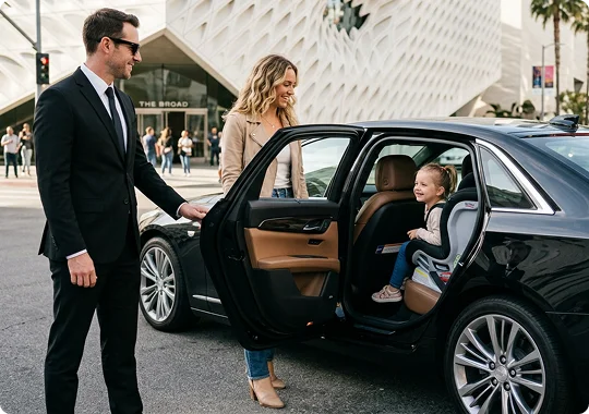 A professional chauffeur in a black suit and sunglasses holds open the rear door of a black sedan on a city street. A woman stands next to the car looking inside at a young girl smiling from a child safety car seat, with The Broad museum building visible in the background.