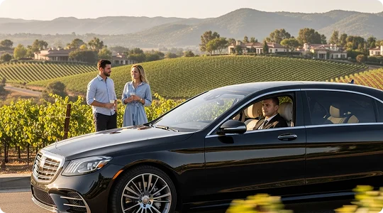 A chauffeur waits in a black luxury sedan while a couple stands nearby, enjoying wine with a scenic view of rolling hills and vineyards behind them.