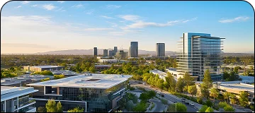 Scenic view along the Irvine to Disneyland route featuring modern corporate buildings and a city skyline.