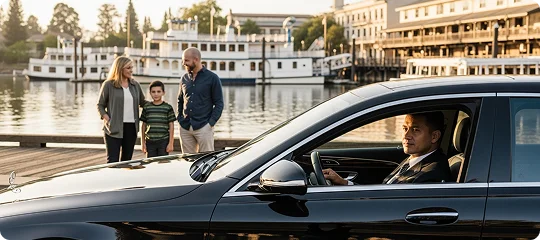 A chauffeur is seated in the driver's seat of a black Mercedes-Benz sedan, looking out the window. In the background, a family of three—a mother, father, and young son—stands on a wooden dock by a waterfront, with historic riverboats docked behind them.