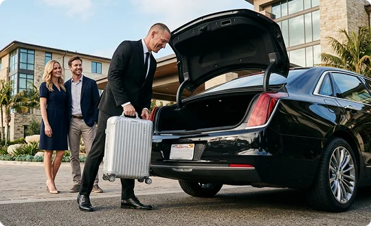 A professional chauffeur in a suit lifts a silver suitcase to place it into the open trunk of a black luxury sedan. A smiling couple stands nearby in front of a modern resort building on a sunny day.