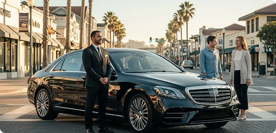 A uniformed chauffeur stands beside a luxury black sedan on a sunny street, while a man and a woman stand to the right of the car, appearing to greet or say goodbye to the driver. Palm trees and a shopping center are visible in the background.