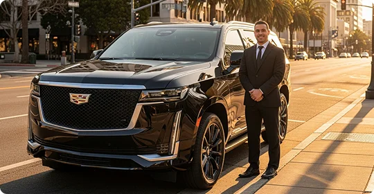 A smiling chauffeur in a dark suit stands next to a black Cadillac Escalade SUV parked on the side of a sunny, palm-tree-lined city street. The sun is low, casting a golden glow on the scene.
