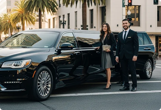 A smiling chauffeur in a dark suit stands next to a black luxury stretch sedan, assisting a woman dressed in a grey dress and heels as she enters or exits the back seat. They are on a city street with palm trees and modern buildings in the background.