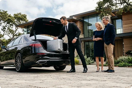A professional chauffeur in a suit loads a silver suitcase into the open trunk of a black luxury sedan. A smiling couple stands nearby on a paved driveway outside a large, modern home on a sunny day.