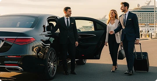 Two men in suits and a woman in business casual attire stand next to a black luxury sedan with its back door open. One man, presumably the chauffeur, holds the door while the other man assists the woman, who is pulling a rolling suitcase. A cruise ship or large building is in the background.
