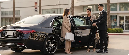 A professional chauffeur opens the door for two well-dressed passengers exiting a black luxury sedan with shopping bags in a commercial district.