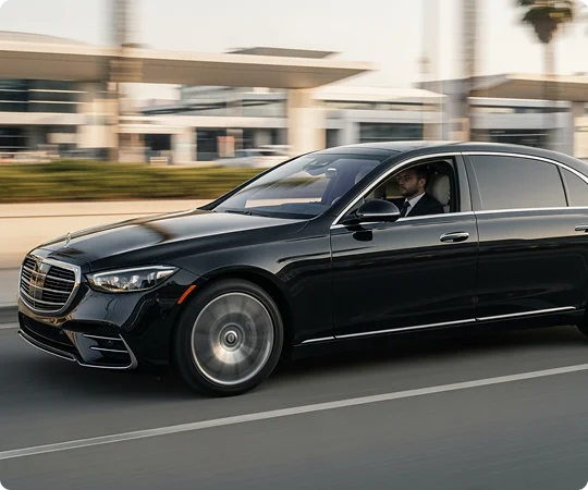 A chauffeur is seen from the side, driving a sleek, black Mercedes S-Class sedan on a highway. The car is in motion, giving a sense of speed and smooth travel.