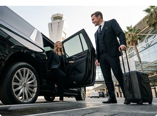 A smiling chauffeur in a three-piece suit holds open the door of a black luxury SUV while rolling a luggage bag. A woman in a dark suit steps out of the vehicle outside an airport terminal with a control tower in the background.