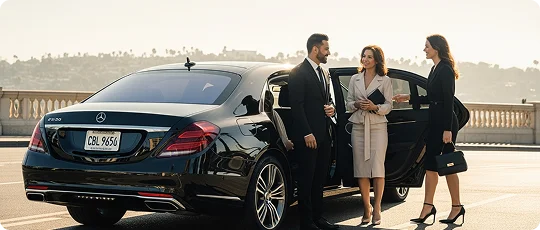 A chauffeur in a suit stands beside a black sedan on a sunny day, smiling at a woman in a light suit who is talking to another woman in a black suit entering the vehicle.